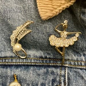 White pearl silver & Dancing girl gold CZ brooch